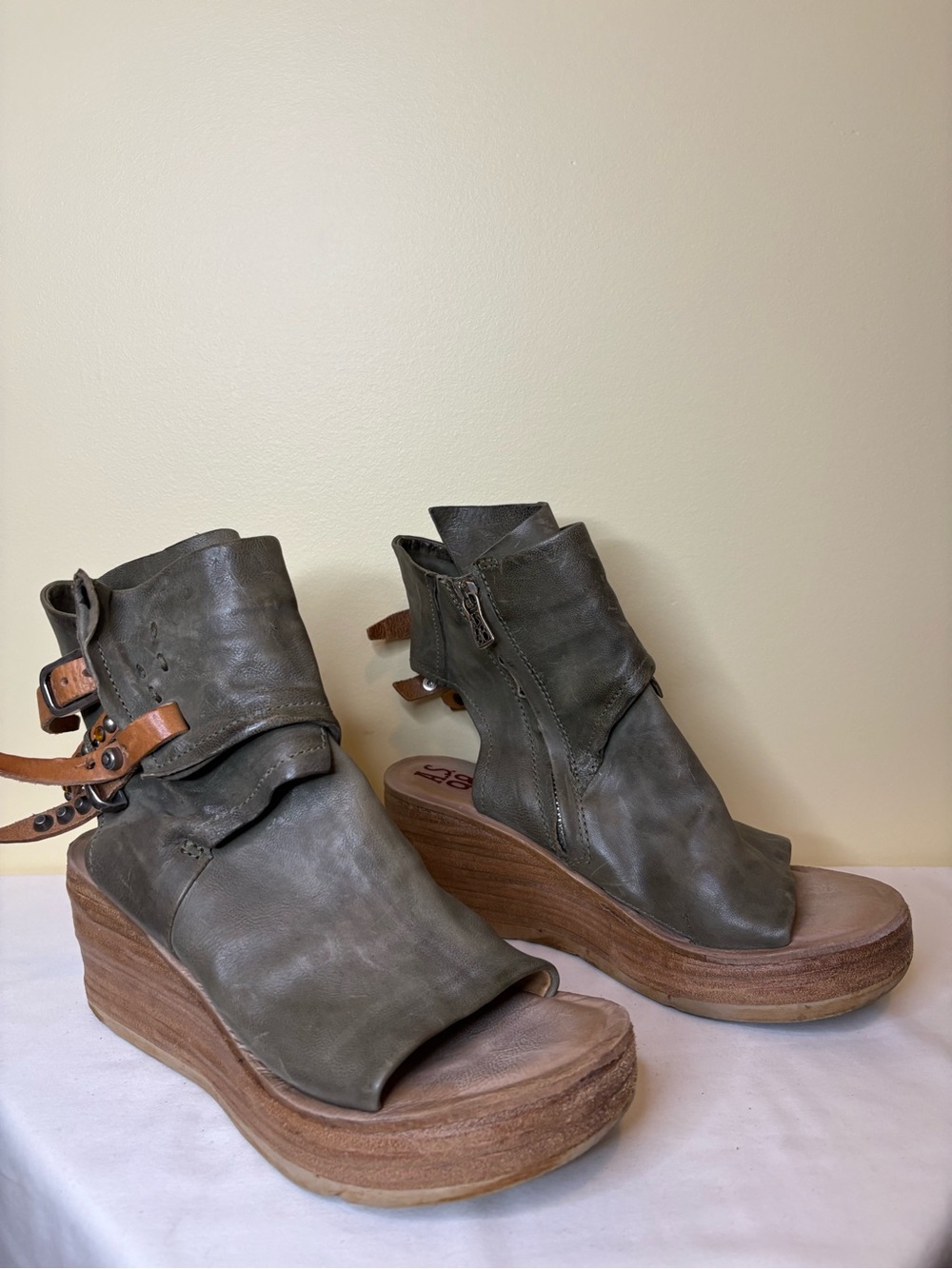 A.S.98 Olive Green Leather Wedge Sandals with Tan Strap Detail Size 38